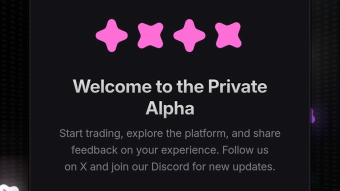 A welcome screen for a 'Private Alpha' featuring four pink star icons, inviting users to start trading, explore the platform, and follow updates on X and Discord.