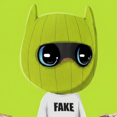 A 3D-rendered green character wearing sunglasses and a white shirt with the word 'FAKE' printed in black stands against a solid bright green background.