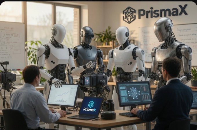 An AI-generated scene showing human workers collaborating with humanoid robots in a tech office, featuring a 'PrismaX' logo in the corner and on a laptop screen.