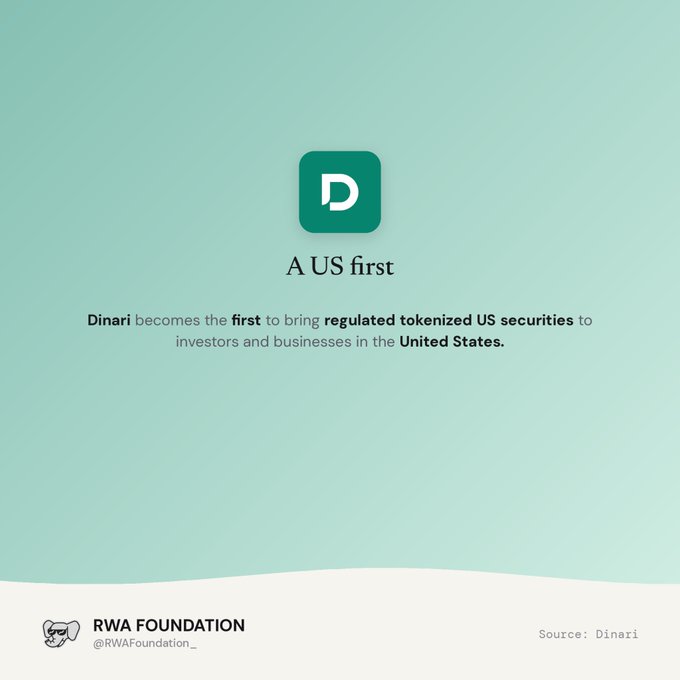 Graphic with the Dinari logo stating 'A US first,' noting that Dinari becomes the first to bring regulated tokenized US securities to investors and businesses in the United States, sourced by RWA Foundation.