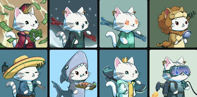 Eight illustrated cartoon cat characters in various costumes/roles, including a wealthy cat with money, a cat with a red staff, a lion-costumed cat, a farmer cat, a shark-cat, a cat with a game controller, and a cat wearing VR goggles.