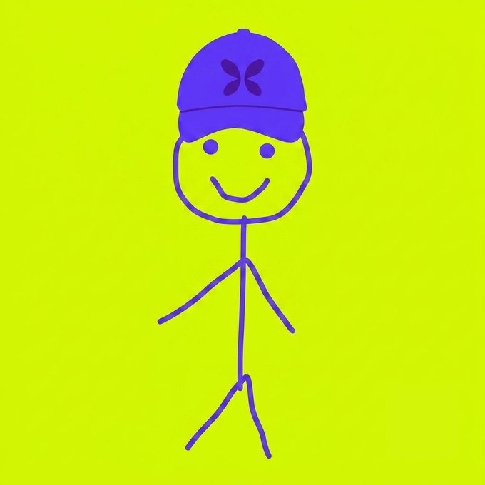 A simple digital drawing of a smiling purple stick figure wearing a baseball cap on a bright lime-green background.