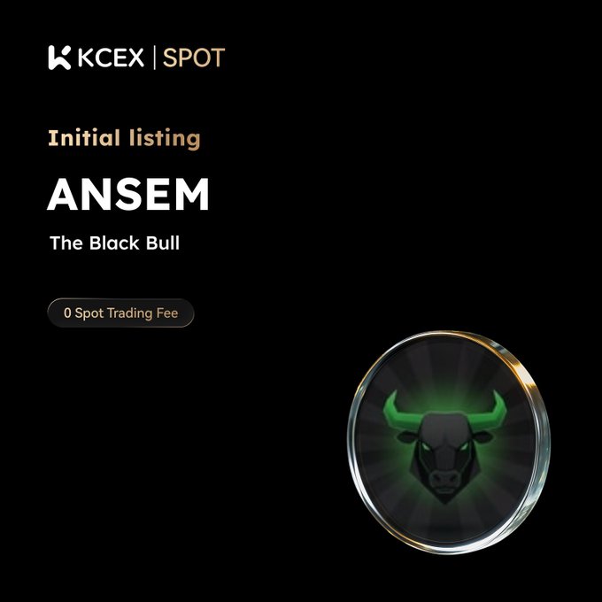 KCEX Spot exchange announcement for the initial listing of 'ANSEM - The Black Bull' featuring a green bull logo and 0 Spot Trading Fee badge.