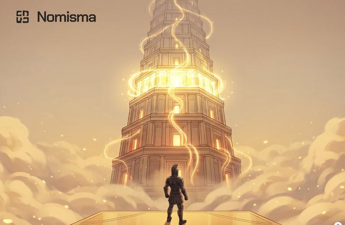 A digital illustration with the 'Nomisma' logo in the top-left corner, depicting a hooded figure standing before a towering, illuminated spire-like building surrounded by glowing golden clouds and energy swirls.