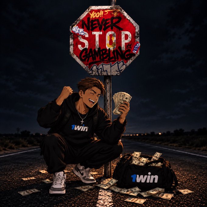 A young man crouches triumphantly at a stop sign altered with graffiti reading "NEVER STOP GAMBLING," clutching a fistful of cash beside a duffel bag overflowing with money branded "1win," with scattered dollar bills and dice at his feet—visually embodying the post's message that perseverance and refusing to quit transforms small bets into massive wins.