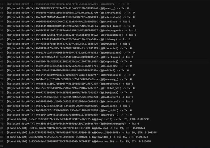 Lines of code display 'Rejected Bot' messages and 'Found' results tracking transaction hashes (Tx) and Ethereum amounts, suggesting a cryptocurrency bot scanning operation.