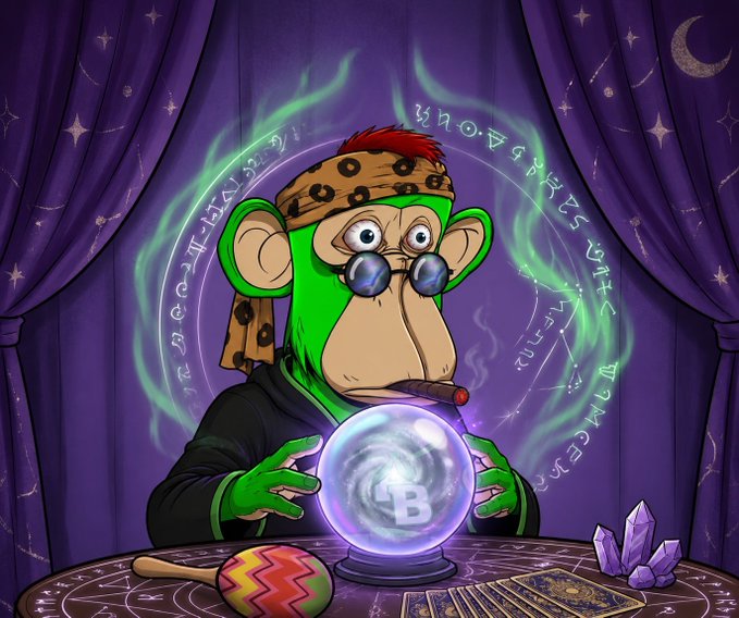 A cartoon illustration of a green monkey wearing a bandana and sunglasses, holding a crystal ball with a Bitcoin logo, surrounded by mystical symbols and tarot cards.