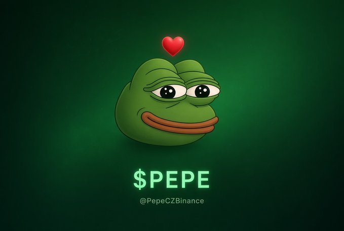 A 3D rendering of a sad Pepe the Frog character with a red heart above its head, displayed on a green background with the text "$PEPE" and the handle "@PepeCzBinance" below.