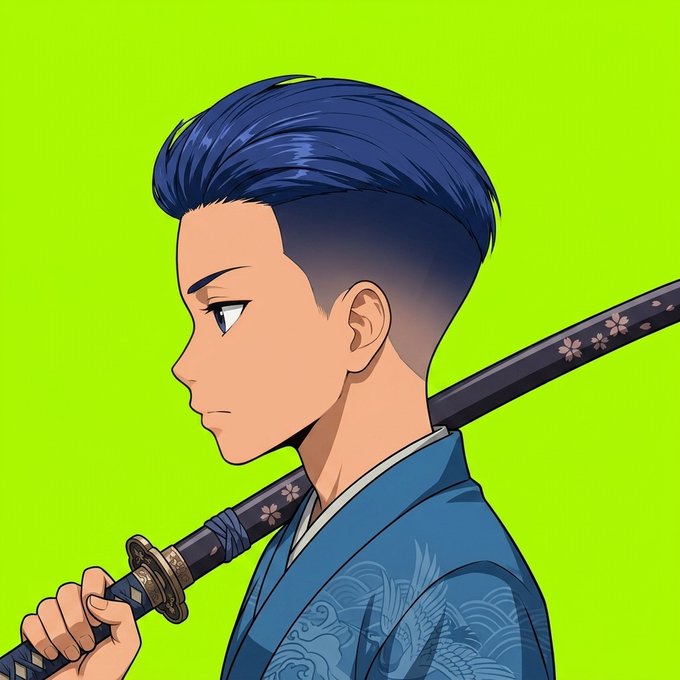 Anime-style illustration of a young man in profile with blue hair and a traditional blue kimono, holding a katana against a bright green background.
