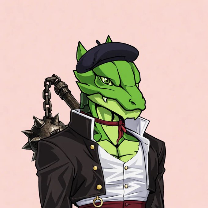 An illustration of a green reptilian humanoid character wearing a black beret, a black jacket over a white shirt, and carrying a spiked mace on their back.