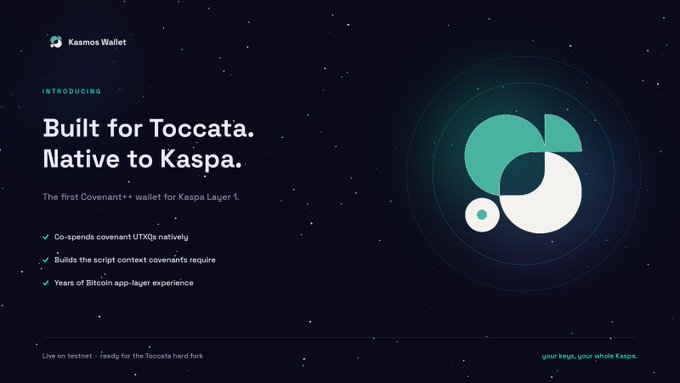 The image features a poster for a new wallet called "Tocat" that was launched by @KasmosLabs. The poster displays a blue circle with white text, which reads "Built for Tocata. Native to Kaspa." Below this, there is an explanation of the wallet's purpose and features. The image also includes a small logo in green and white colors, located at the bottom right corner.