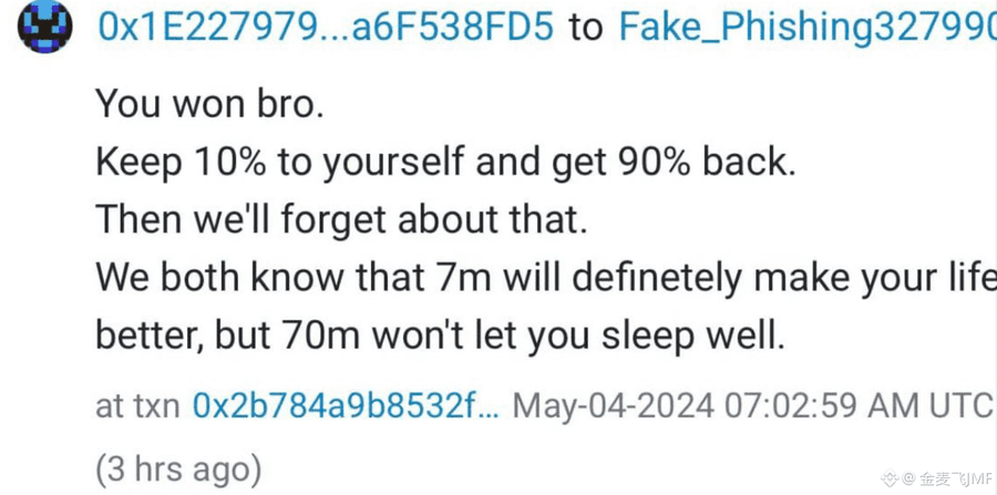 A screenshot shows a crypto transaction message sent to “Fake_Phishing32790,” stating: “You won bro. Keep 10% to yourself and get 90% back.” It references a mistaken 70 million-unit transfer—about $73 million in Bitcoin—return 90% (about $65.7 million), and keep the remaining $7.3 million.