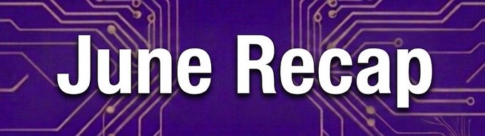 A purple banner with a circuit board pattern background displaying the white text "June Recap."