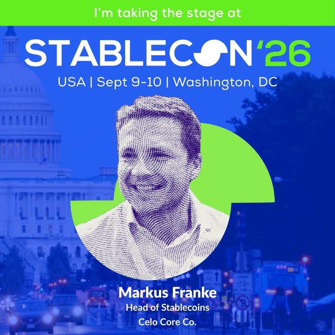 Event announcement for 'STABLECON '26' (USA, Sept 9-10, Washington, DC) featuring speaker Markus Franke, Head of Stablecoins at Celo Core Co.