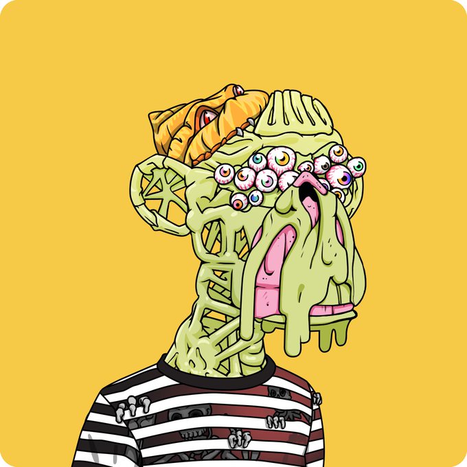 A cartoon illustration of a grotesque, multi-eyed green monster with drool, wearing a striped prison uniform, with a taco or hot dog on its head, set against a yellow background.