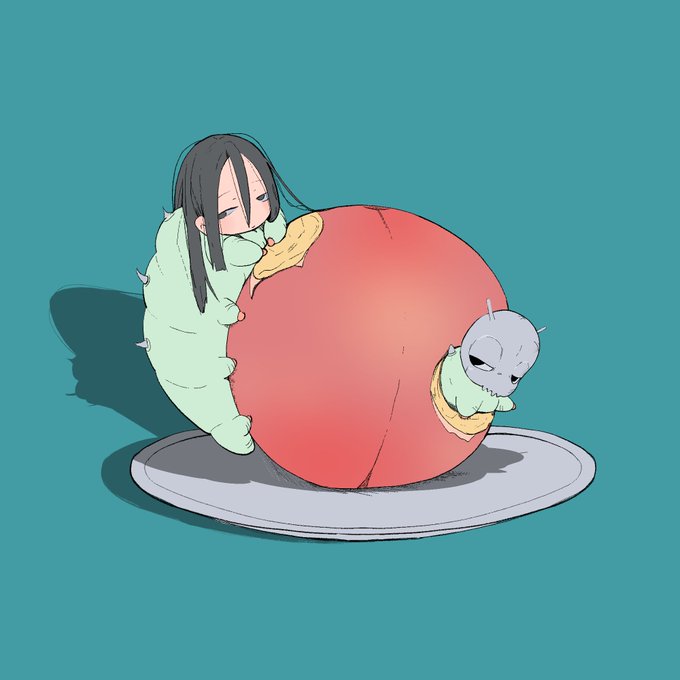 An illustration depicts a green caterpillar with a girl's head and dark hair resting on a large red spherical food item on a plate, accompanied by a small grey cat-like head emerging from a green caterpillar segment on the right.
