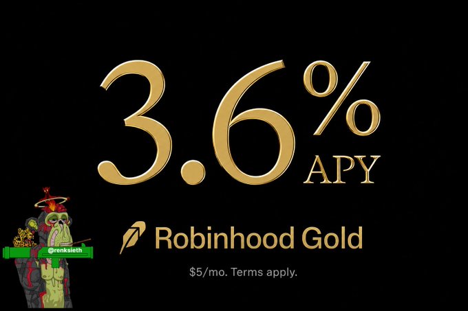 An advertisement for Robinhood Gold showing "3.6% APY" in gold text on a black background, with "$5/mo. Terms apply." and a small cartoon bulldog mascot labeled 'Bronksieth'.