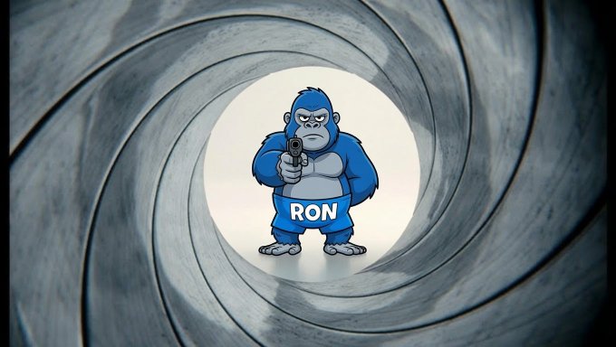 A cartoon blue gorilla wearing shorts labeled "RON" aims a gun directly at the viewer from the barrel of a James Bond-style gun, symbolizing the bullish conviction behind the $RONKE meme coin mentioned in the post.