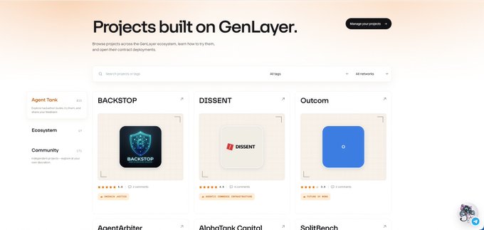 A webpage titled "Projects built on GenLayer" shows project cards including BACKSTOP, DISSENT, and Outcom.