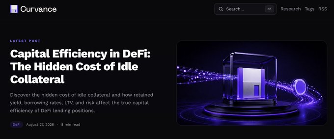 A dark-themed blog webpage titled 'Curvance' displays an article headline 'Capital Efficiency in DeFi: The Hidden Cost of Idle Collateral' dated August 27, 2026.