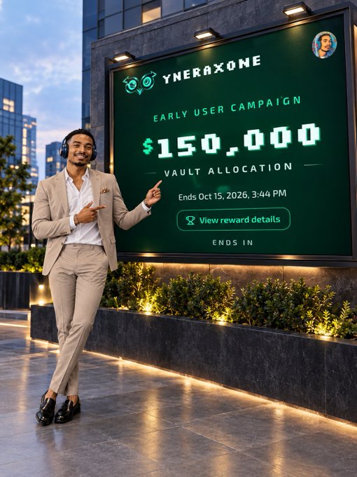 A man in a beige suit pointing at a large digital billboard advertising 'YNERAXONE EARLY USER CAMPAIGN' with '$150,000 VAULT ALLOCATION', ending Oct 15, 2026, 3:44 PM, with a 'View reward details' button.