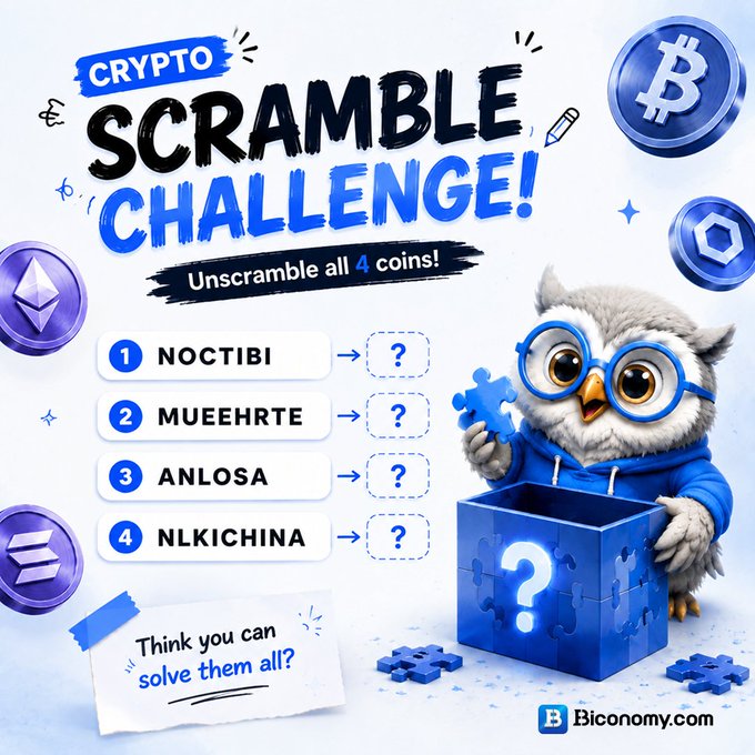 A 'Crypto Scramble Challenge' puzzle by Biconomy.com featuring an owl mascot with puzzle pieces, asking solvers to unscramble four coin names: NOCTIBI, MUEHRTE, ANLOSA, and NLKICHINA.