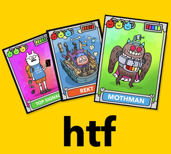 Three cartoon trading cards labeled "TOP SIGNAL," "REKT," and "MOTHMAN" displayed against a yellow background with "htf" text below.