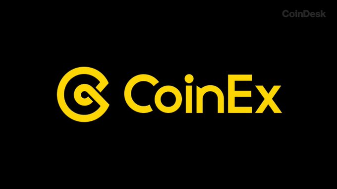 The image displays the yellow CoinEx logo on a black background, with a CoinDesk watermark in the top right corner. The logo relates directly to the accompanying post about CoinEx exchange shutting down after nine years of operation, with users given a deadline to withdraw funds amid security and compliance concerns.