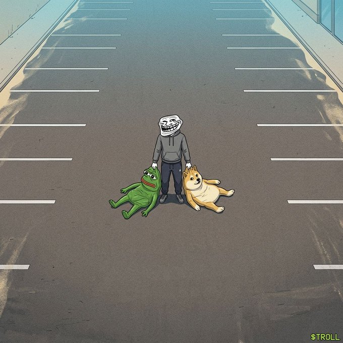 An illustrated scene shows a figure with a Trollface head standing in an empty parking lot alongside Pepe the Frog and the Doge meme, with the text '$TROLL' in the bottom right corner.