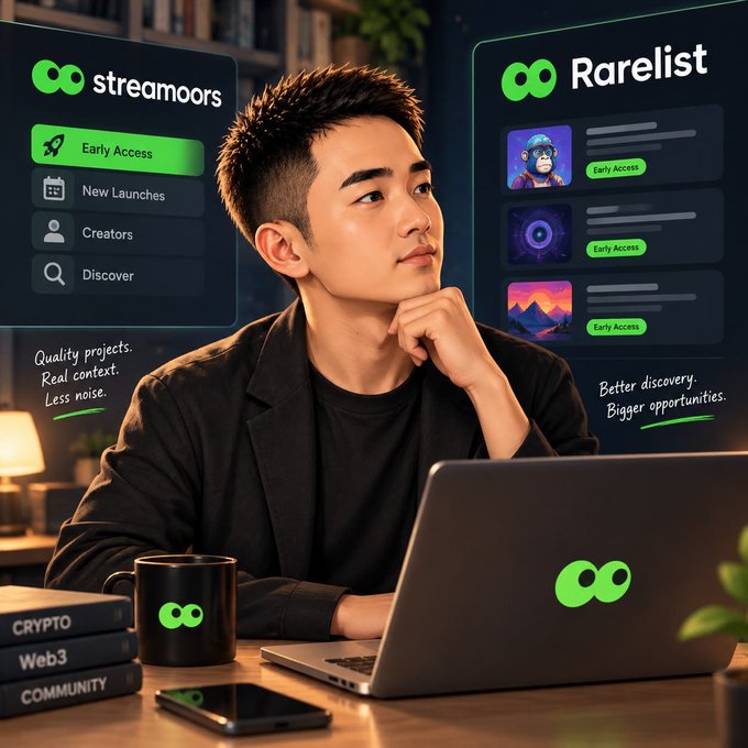 A promotional image featuring a young man at a laptop with 'streamors' and 'Rarelist' interfaces displayed on floating screens, advertising features like Early Access, New Launches, Creators, and Discover with the tagline 'Quality projects. Real context. Less noise.'