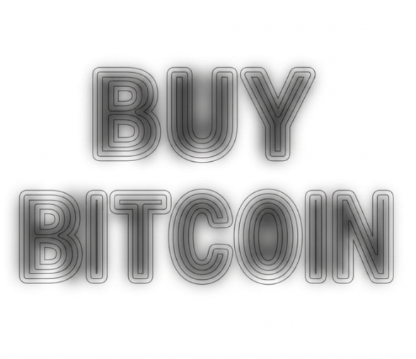 Silver 3D text reading "BUY BITCOIN" on a white background, reinforcing the post's call to purchase Bitcoin before AI-driven changes alter its value.