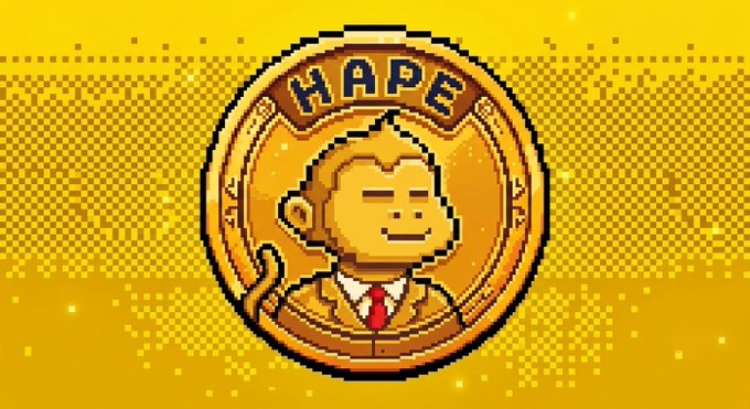 A pixel art graphic of a golden coin featuring a smiling monkey wearing a suit and red tie, with the word 'HAPE' inscribed on a banner above the monkey.