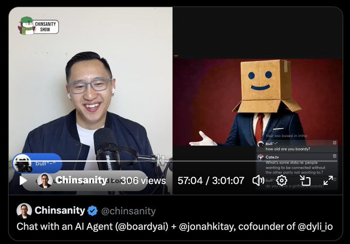 A YouTube video thumbnail from the 'CHINSANITY SHOW' (@chinsanity) showing a man with glasses smiling in front of a microphone on the left, and a person wearing a cardboard box with a smiley face drawn on it on the right. The caption reads 'Chat with an AI Agent (@boardyai) + @jonahkitay, cofounder of @dyli_io' with 306 views.