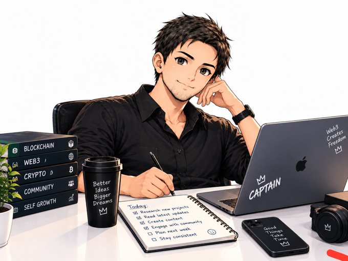 An anime-style illustration of a man at a desk with a laptop labeled "CAPTAIN," a stack of books titled "BLOCKCHAIN," "WEB 3," "CRYPTO," "COMMUNITY," and "SELF GROWTH," and a notebook with a to-do list including items like "Research new projects" and "Plan next week."
