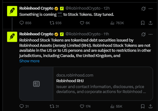 Two tweets from @RobinhoodCrypto announcing 'Something is coming… to Stock Tokens' and clarifying that 'Robinhood Stock Tokens are tokenized debt securities issued by Robinhood Assets (Jersey) Limited (RHJ)' with availability restricted in the US, Canada, and UK.