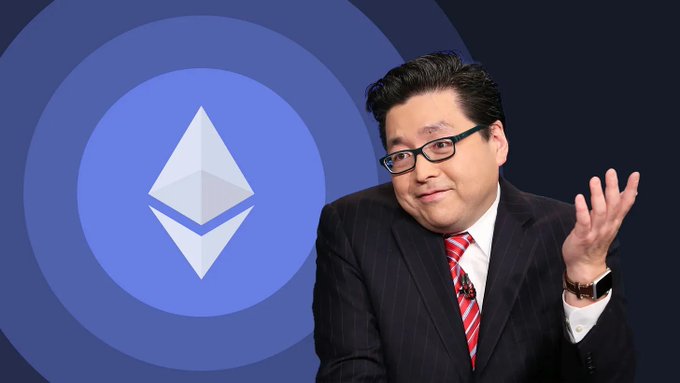 Fundstrat's Tom Lee, representing BitMine Immersion Technologies ($BMNR), gestures enthusiastically beside the Ethereum logo against a blue backdrop, visually reinforcing the post's claim that his company is aggressively buying the ETH dip with a $24.3 million purchase while rivaling Michael Saylor's Bitcoin accumulation strategy.