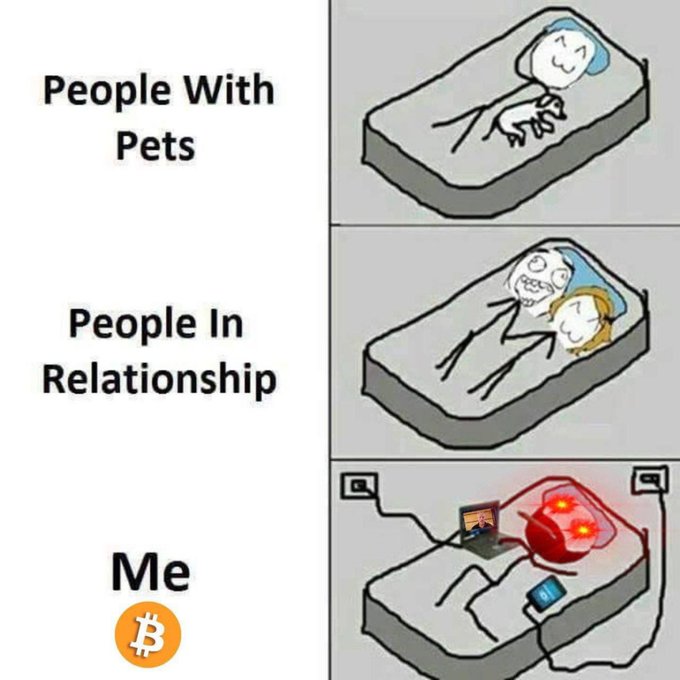 A three-panel meme comparing 'People With Pets' (alone in bed with pet), 'People In Relationship' (together in bed), and 'Me' (alone in bed with a laptop and glowing Bitcoin).
