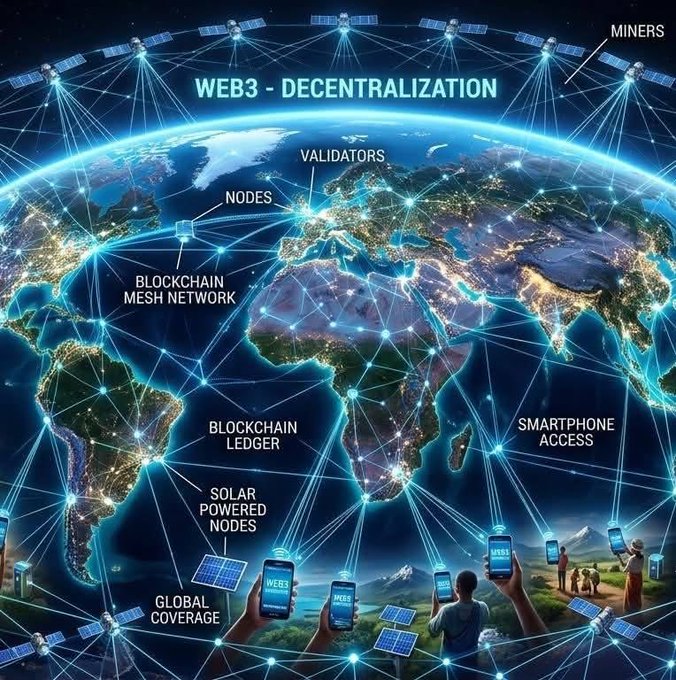 A futuristic illustration depicts a global Web3 decentralization network, showing Earth enveloped by a blockchain mesh network with interconnected nodes, validators, miners, and solar-powered smartphone access points across all continents. The image visualizes the post's concept of Pi's large-scale infrastructure expansion—where millions of processing nodes form an Edge Computing, Edge AI, and IoT network with low-latency, globally distributed coverage to support robots, UAVs, and micro devices.
