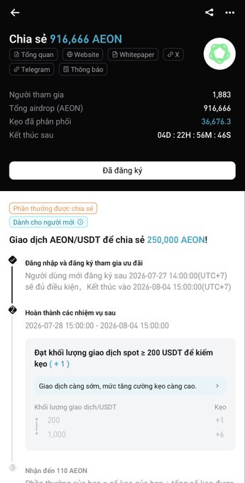 A mobile app screen in Vietnamese promoting an airdrop for '916,666 AEON' tokens with participation stats, dates, and trading volume requirements visible.