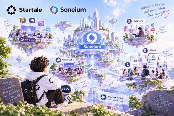 Startale and Soneium promotional artwork showing a fantasy floating city ecosystem with interconnected platforms for projects, communities, creators, and users.