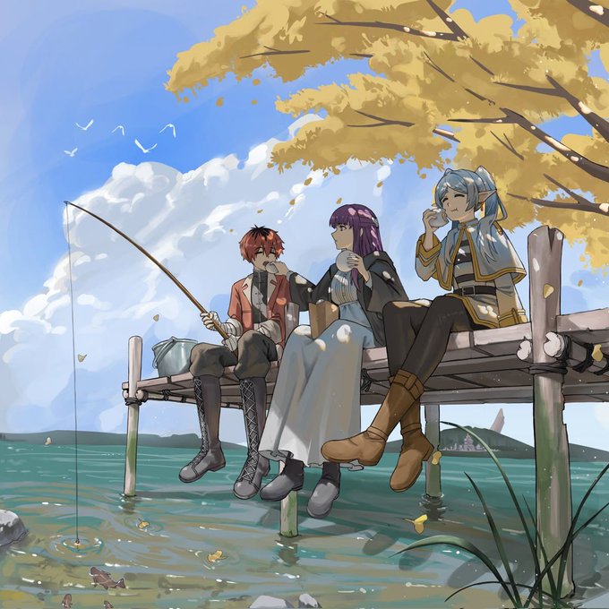An anime-style illustration shows three characters sitting on a wooden dock over water, fishing beneath a tree with golden leaves against a blue cloudy sky.