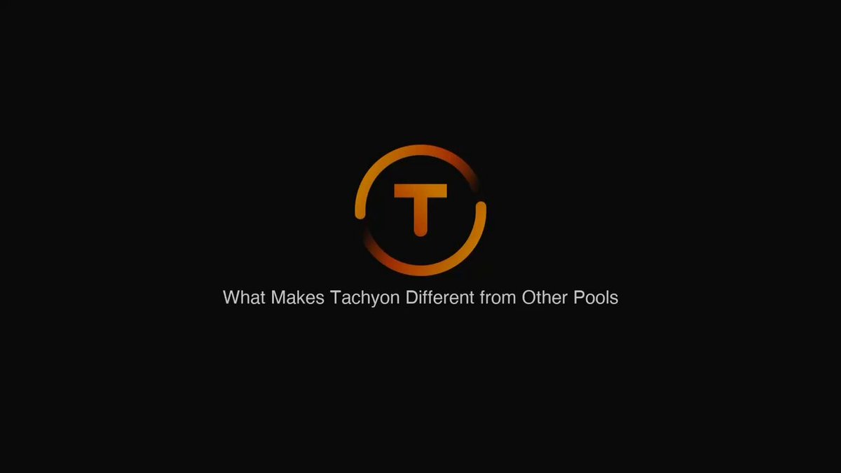 The image features a logo with an orange circle containing the letter "T" surrounded by a black border. Below the logo, there's text that reads, "What makes Tachyon different from other pools?". The text seems to be discussing the differences between Tachyon and other pools in terms of their architecture, focusing on aspects such as encryption, payment logic, addresses, and user experience.