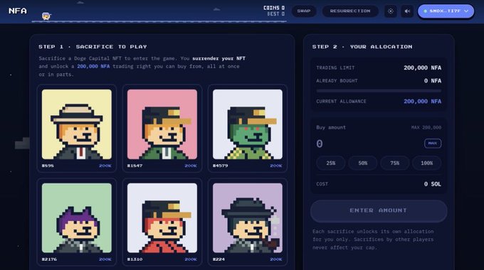 The image displays the NFA protocol interface on Solana, where users can sacrifice an NFT from a collection of pixelated character art (including dogs wearing suits and hats, priced in SOL) to receive 200,000 NFA tokens. Step 2 on the right shows the allocation panel with a trading limit of 200,000 NFA, buy amount selection options (25%, 50%, 75%, 100%), and currently displays a 0 SOL cost, supporting the post's announcement of the StonkBrokers-inspired protocol featuring doge sacrifices.