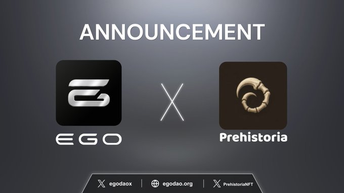 A collaboration announcement graphic featuring the EGO and Prehistoria logos with an "X" between them, displaying the brands' Twitter handles (@egodaox and @PrehistoriaNFT) along with their website (egodao.org) at the bottom.