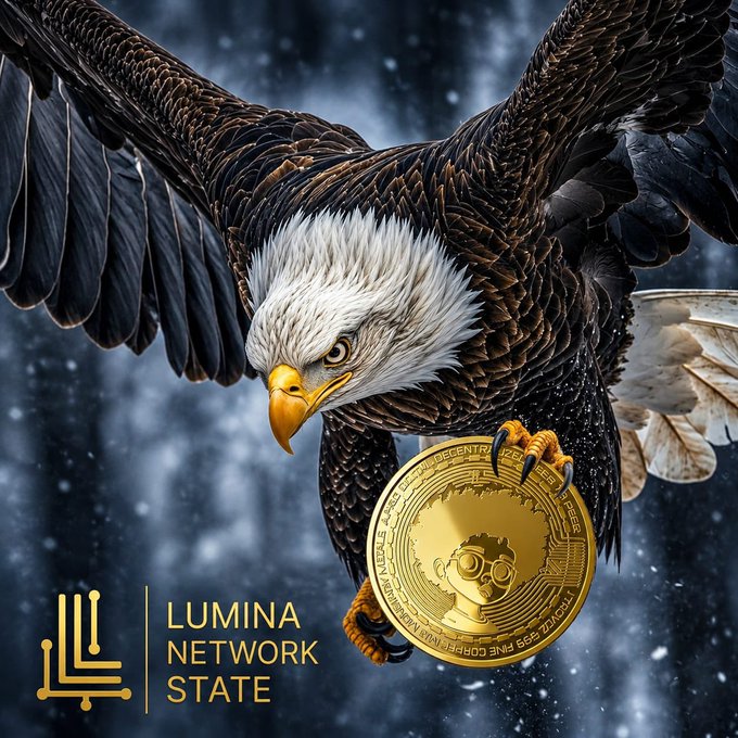 Promotional artwork for 'Lumina Network State' featuring a bald eagle clutching a golden cryptocurrency coin in a snowy setting.