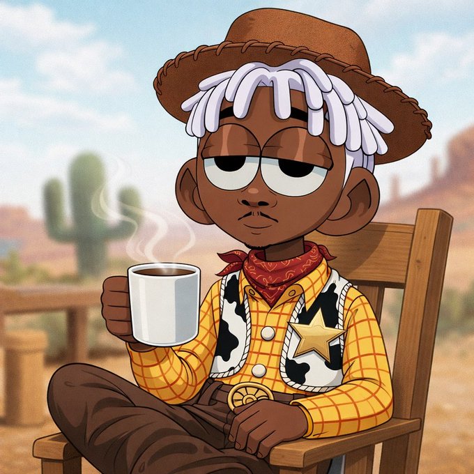 A cartoon-style illustration of a cowboy character with dark skin and white dreadlocks sitting in a wooden chair, holding a steaming white mug, wearing a yellow plaid shirt and cow-print vest.