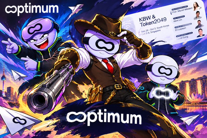 A promotional graphic for 'optimium' featuring cartoon characters, one wearing a cowboy hat and holding a gun, with event details 'KBW & Token2049' dated Sep 25 - Oct 2, South Korea.