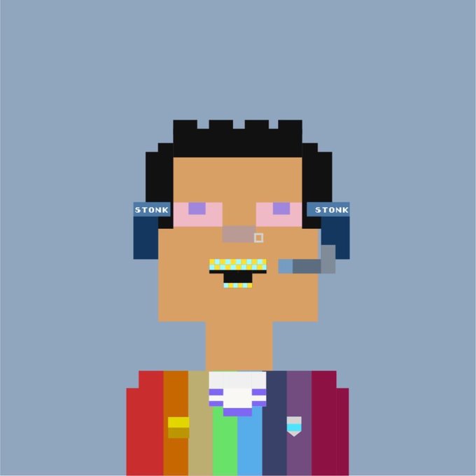 A pixel art portrait of a character with dark skin, black hair, pink eyes, a cigar, and gold grills, wearing a colorful striped shirt with glasses labeled 'STONK'.
