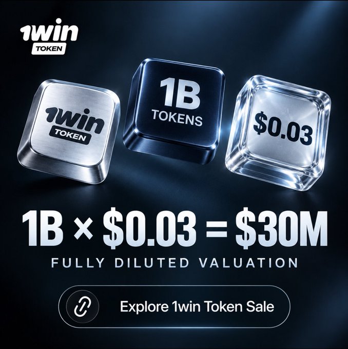 A promotional advertisement for 1win Token displaying 1B tokens at $0.03 each, totaling a $30M fully diluted valuation, with a call to 'Explore 1win Token Sale'.