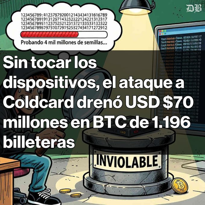 An illustrated cartoon depicting a hacker attempting to crack a seed phrase, with Spanish text stating 'Sin tocar los dispositivos, el ataque a Coldcard drenó USD $70 millones en BTC de 1.196 billeteras'.